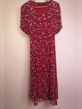 Vintage Red Floral Cotton Blend Button Up Cottagecore Maxi Dress